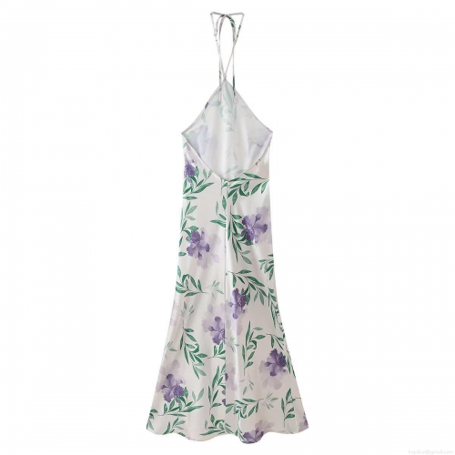 Women Retro Chinese Style Halterneck Backless Midi Dress Elegant Floral Print Satin Sleeveless High Waist A-Line Dress For Party Vacation