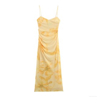 Women's Floral Print Mesh Maxi Dress Sweet Pleated Slim Fit Spaghetti Strap Summer Long Dress Elegant Party Dating Dress