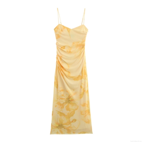 Women's Floral Print Mesh Maxi Dress Sweet Pleated Slim Fit Spaghetti Strap Summer Long Dress Elegant Party Dating Dress