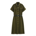 Women's Short Sleeve Shirt Dress With Belt Elegant Lapel Single Breasted Midi Cargo Dress Solid Color Polyester Commuter Style Ladies Summer Fashion Outfit