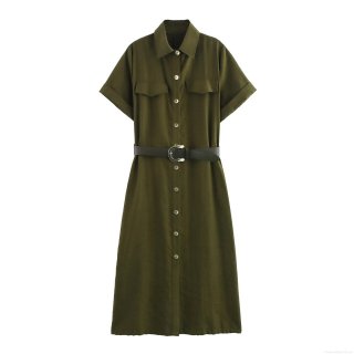 Women's Short Sleeve Shirt Dress With Belt Elegant Lapel Single Breasted Midi Cargo Dress Solid Color Polyester Commuter Style Ladies Summer Fashion Outfit