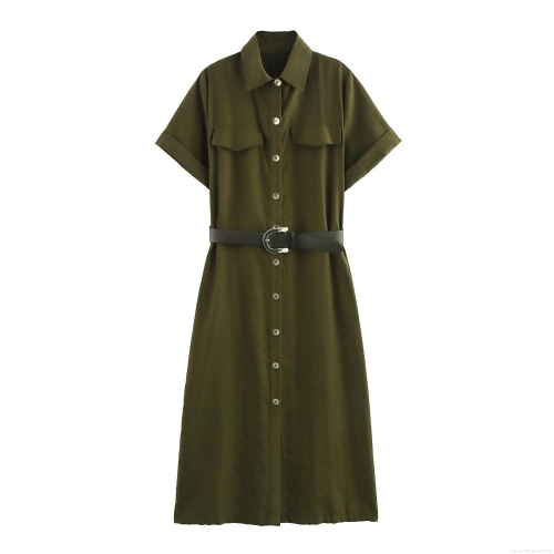 Women's Short Sleeve Shirt Dress With Belt Elegant Lapel Single Breasted Midi Cargo Dress Solid Color Polyester Commuter Style Ladies Summer Fashion Outfit