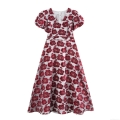 Elegant V Neck Puff Sleeve Midi Dress White Polyester Mesh Red Rose Jacquard High Waist A-Line Long Dress For Women Evening Party Wedding Guest
