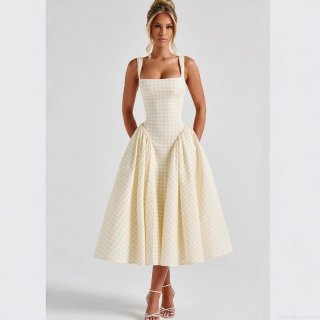 Women's Sweet Gingham Plaid Midi Dress Square Neck Sleeveless Backless Tie Up High Waist A-Line Puffy Long Dress For Summer Vacation Party