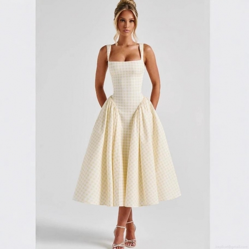 Women's Sweet Gingham Plaid Midi Dress Square Neck Sleeveless Backless Tie Up High Waist A-Line Puffy Long Dress For Summer Vacation Party