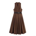 Elegant Women Sleeveless V-Neck Midi Dress With Belt Solid Dark Brown Single-Breasted Pleated A-Line Poplin Dress For Office Commute Summer Casual Lady