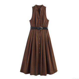 Elegant Women Sleeveless V-Neck Midi Dress With Belt Solid Dark Brown Single-Breasted Pleated A-Line Poplin Dress For Office Commute Summer Casual Lady