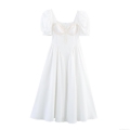 Women Elegant White Square Neck Puff Sleeve Maxi Dress French Vintage Braided Rope Detail A-Line Long Dress For Party Dating Ladies Fashion Dress