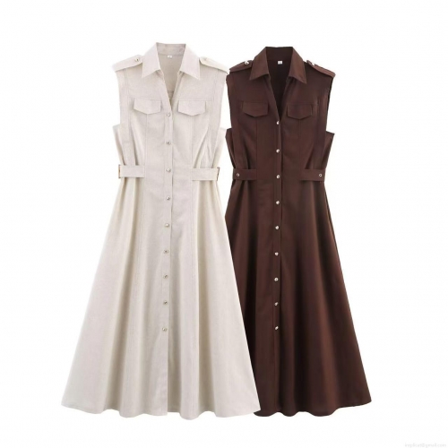 Women Sleeveless Shirt Dress Lapel Button Down Linen Blend High Waist A-Line Long Dress With Pockets And Belt For Casual Office Commute Elegant Summer Midi Dress