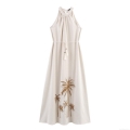 Women's Halter Neck Midi Dress Polyester With Coconut Tree Embroidery And Rope Belt Tassel Fringe Beach Vacation Summer Sundress For Women Beige
