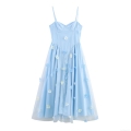 French Style Light Blue Mesh Camisole Dress With 3D Floral Decoration And Pearl Accents Sleeveless High Waist A-Line Fairy Midi Dress For Women Summer Seaside Resort Vacation Sweet Elegant Party Dress