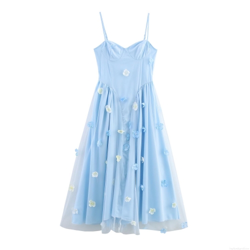 French Style Light Blue Mesh Camisole Dress With 3D Floral Decoration And Pearl Accents Sleeveless High Waist A-Line Fairy Midi Dress For Women Summer Seaside Resort Vacation Sweet Elegant Party Dress