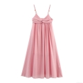Women's Pink Midi Dress Twist Knot Front Crepe Sleeveless Strap Long Dress With Gold Tone Metal Gem Accent For Summer Elegant Sweet Date Party Gown