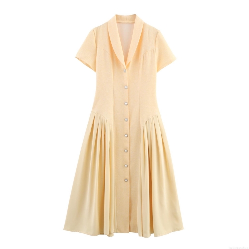 Elegant Women's Tweed V-Neck Midi Dress Vintage Pearl Button Short Sleeve Pleated Patchwork Dress For Office Commuter Lady Summer Fashion