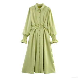 Women's French Retro Faux Suede Shirt Dress Elegant Autumn Winter Long Sleeve Pleated Waist Flare Sleeve Solid Color Maxi Dress For Women