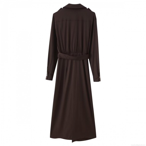 Elegant Deep V Neck Shirt Dress With Belt Women Long Sleeve High Waist Pleated Midi Maxi Dress British Style Solid Color Office Lady Casual Party Dresses