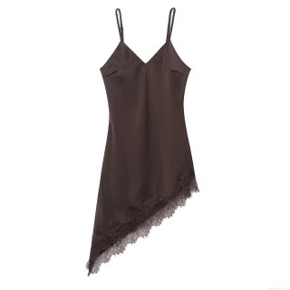 Women's Sexy Lace Detail Satin Maxi Dress V-Neck Adjustable Spaghetti Strap Asymmetric Hem Sleeveless Elegant Evening Party Slip Dress