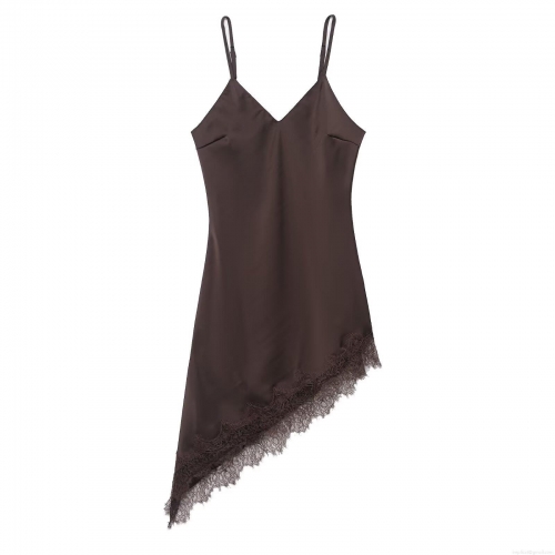 Women's Sexy Lace Detail Satin Maxi Dress V-Neck Adjustable Spaghetti Strap Asymmetric Hem Sleeveless Elegant Evening Party Slip Dress