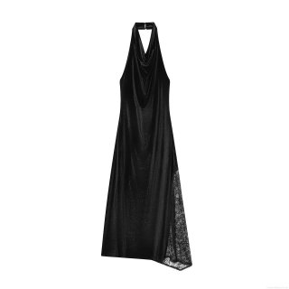 Women Sexy Black Velvet Lace Patchwork Halter Midi Dress Backless Sleeveless Slim Fit High Waist Evening Party Club Bodycon Long Dress