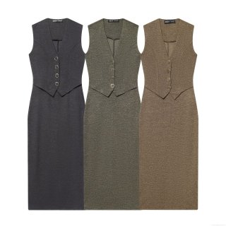 Women's Sleeveless V-Neck Midi Vest Dress Button Decoration Polyester Solid Color Streetwear Elegant Party Dress Autumn Winter Clothing for Ladies