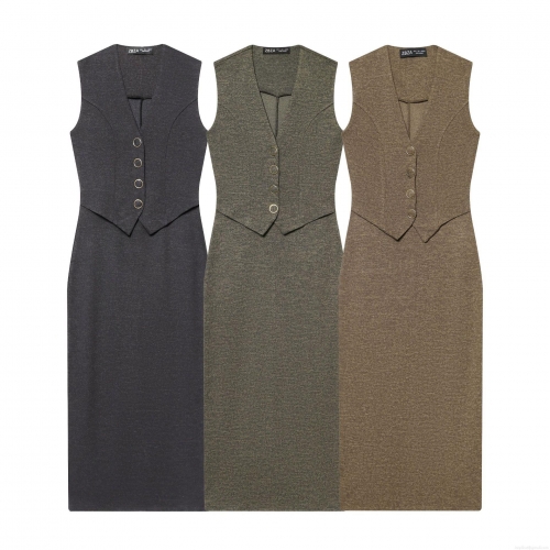 Women's Sleeveless V-Neck Midi Vest Dress Button Decoration Polyester Solid Color Streetwear Elegant Party Dress Autumn Winter Clothing for Ladies