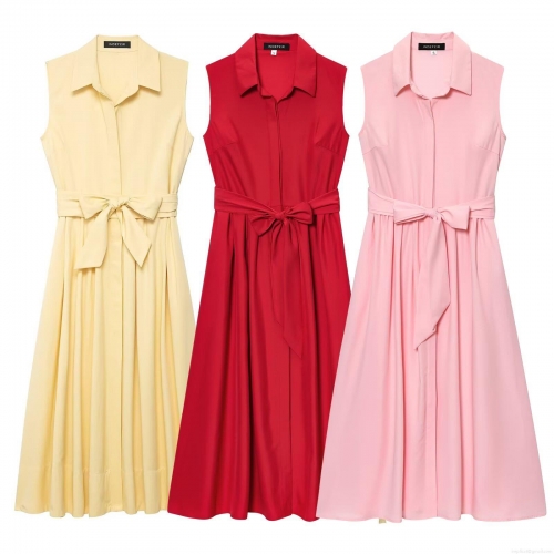 Women Solid Color Sleeveless Shirt Dress With Bow Waist Tie Elegant Lapel Midi A-Line Dress Polyester Casual Party Gown For Lady