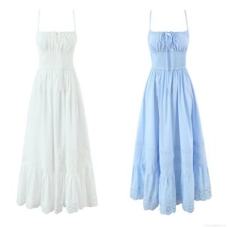 Women Spaghetti Strap Maxi Dress 100% Cotton Eyelet Embroidery Lace Patchwork Smocking Waist Tiered Ruffle Hem Boho Summer Vacation Dress