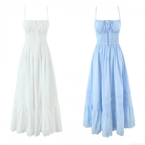 Women Spaghetti Strap Maxi Dress 100% Cotton Eyelet Embroidery Lace Patchwork Smocking Waist Tiered Ruffle Hem Boho Summer Vacation Dress