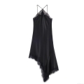 Women Black Satin Slip Dress Lace Patchwork V Neck Asymmetrical Hem Backless Midi Dress Sexy Streetwear Party Evening Cami Dress For Women