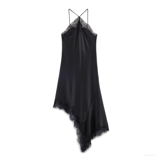 Women Black Satin Slip Dress Lace Patchwork V Neck Asymmetrical Hem Backless Midi Dress Sexy Streetwear Party Evening Cami Dress For Women