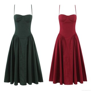 Women Vintage Cami Dress Heart Neckline Waist Shaping A-Line Large Hem Midi Dress Elegant Sleeveless Backless Party Dress Wine Red Dark Green