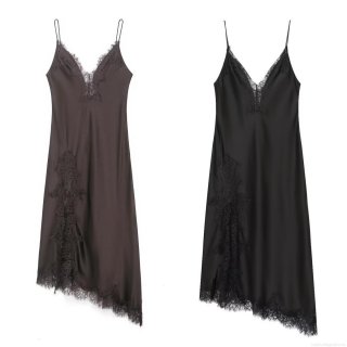 Women European Style Satin Lace Slip Dress Slim Fit V-Neck Asymmetric Hem Spaghetti Strap Midi Dress Party Evening Summer Clothing Polyester Dress