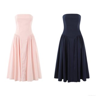 Elegant Women Bandeau Dress Backless Lace Up Solid Color Flared A-Line Midi Dress Summer Beach Party Streetwear Cotton Blend Tube Top Dress