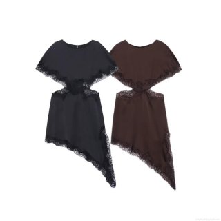 Women's Sexy Sleeveless Satin Midi Dress With Lace Trim Waist Cutout Irregular Hem Polyester Dress For Party Clubwear Daily Streetwear