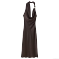 Sexy Cowl Neck Halter Satin Midi Dress Asymmetric Backless Ruched Bodycon Party Evening Coffee Brown Slip Dress with Metal Ring Decoration