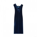 Women's Elegant Dark Blue Velvet Midi Dress Sleeveless V-Neck Bodycon Side Slit Asymmetric Waist Evening Party Dress Sexy Chic Clubwear