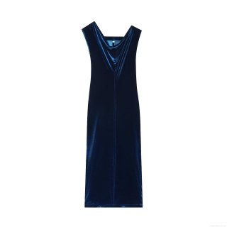 Women's Elegant Dark Blue Velvet Midi Dress Sleeveless V-Neck Bodycon Side Slit Asymmetric Waist Evening Party Dress Sexy Chic Clubwear