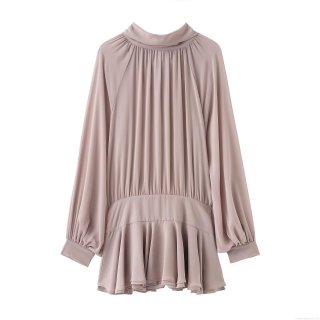Elegant Women's Long Sleeve Round Neck Chiffon Dress With Bow Tie Waist Ruffle Hem Vintage European Style Solid Lotus Pink Midi Dress