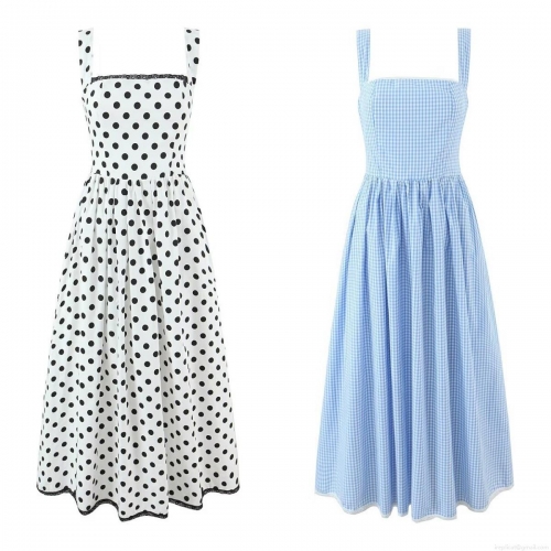 Women's 100% Cotton Polka Dot Gingham Spaghetti Strap Dress Sexy Backless Lace-up Midi Sun Dress Slim Fit A-Line Party Dress With Lace Trim For Summer Vacation