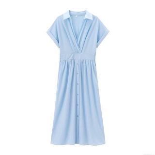 Western Style Solid Color V Neck Lapel Midi Dress For Women Elegant Short Sleeve High Waist Pleated A-Line Dress Office Lady Daily Wear Nylon Stretch Fabric