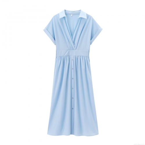 Western Style Solid Color V Neck Lapel Midi Dress For Women Elegant Short Sleeve High Waist Pleated A-Line Dress Office Lady Daily Wear Nylon Stretch Fabric