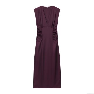 Women's Sexy V-Neck Sleeveless Midi Dress Elegant Deep Purple Ruched Waist Slim Fit Split Hem Polyester Gown For Party Clubwear Evening