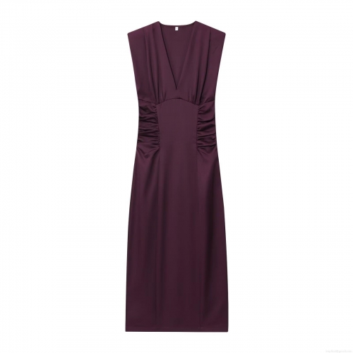 Women's Sexy V-Neck Sleeveless Midi Dress Elegant Deep Purple Ruched Waist Slim Fit Split Hem Polyester Gown For Party Clubwear Evening
