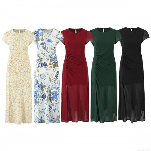 Women Elegant Round Neck Short Sleeve Midi Dress Pleated Waist Side Split With Button Decoration Floral Solid Pattern Chiffon Style Polyester Summer Dress For Party Daily Wear