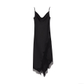 Sexy Satin Lace Patchwork Cami Dress Women Cowl Neck Sleeveless Ruched Asymmetric Hem Midi Slip Dress Elegant Evening Party Dress
