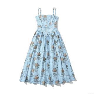 Women's Retro Rose Print Camisole Dress Polyester Lace Patchwork Slim Fit A-Line Midi Dress for Summer Vacation Casual Sweet Style