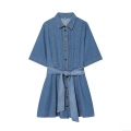 Women's Denim Short Sleeve Shirt Dress With Belt Button Down Lapel Midi A-Line Cotton Jean Dresses For Women Casual Summer Fashion Streetwear