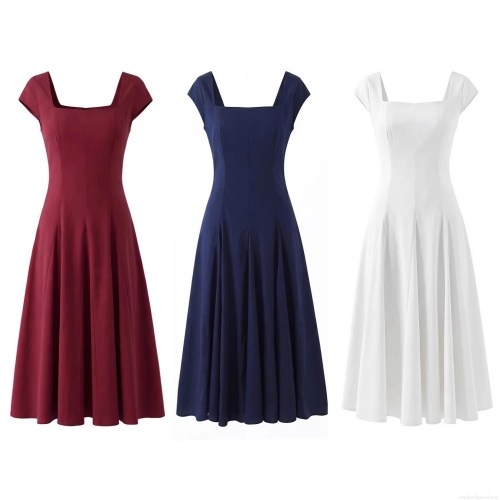 Women Retro Square Neck Short Sleeve A-Line Midi Dress 95% Cotton Elegant Solid Color Party Evening Dress Summer Casual Slim Fit Swing Dress
