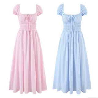 Women's Stripe Square Neck Puff Sleeve Dress Casual Lace-up Smocked Waist A-line Midi Dress Cotton Blend Summer Fashion Streetwear Short Sleeve Dress For Women