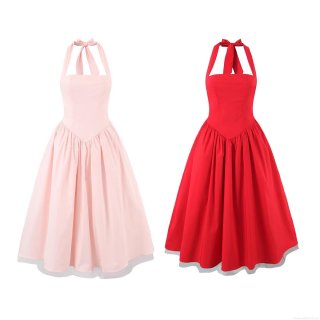 Women Retro Halter Neck Backless Bow Tie A-Line Midi Dress Summer Fashion Solid Color Polyester Cotton Blend Dress With Mesh Lining Big Swing Party Gown